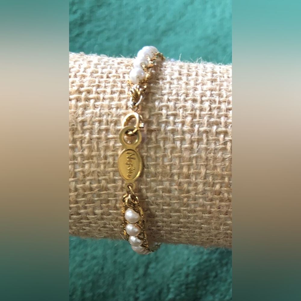 Vintage Napier Faux Pearl Necklace and Bracelet w/Intertwined Chains - Picture 2 of 13